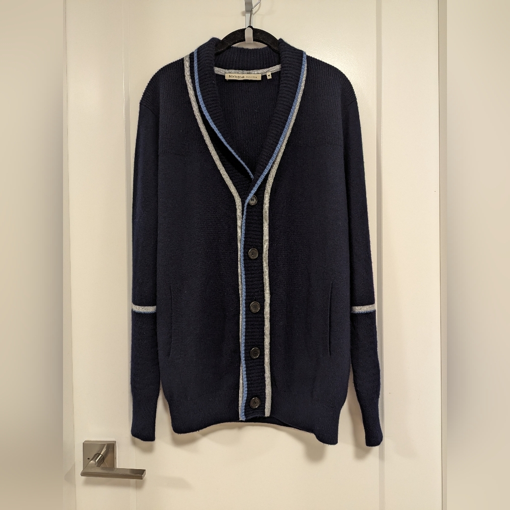 Black Goat 100% Pure Luxury Cashmere Shawl Collar Button Cardigan Navy Size M